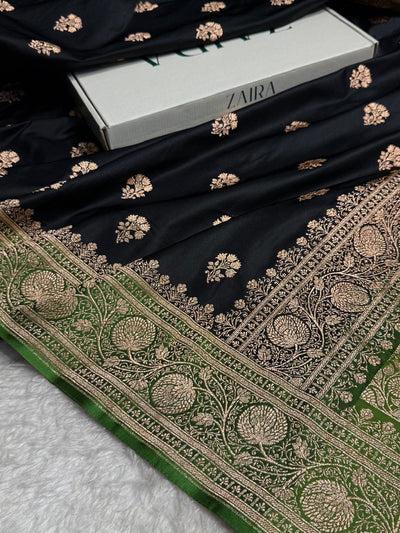 Black - Mehandi Banarasi Boota Katan Silk Saree