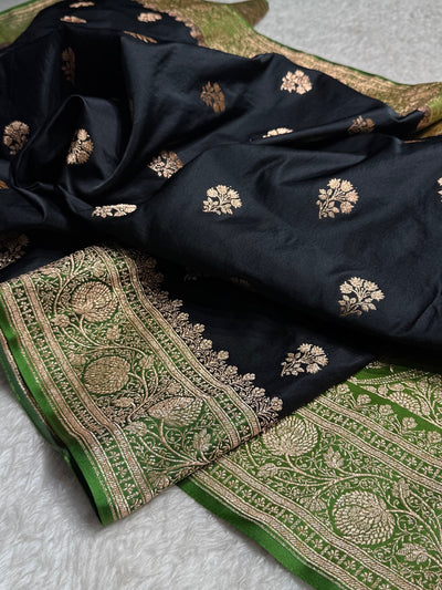 Black - Mehandi Banarasi Boota Katan Silk Saree
