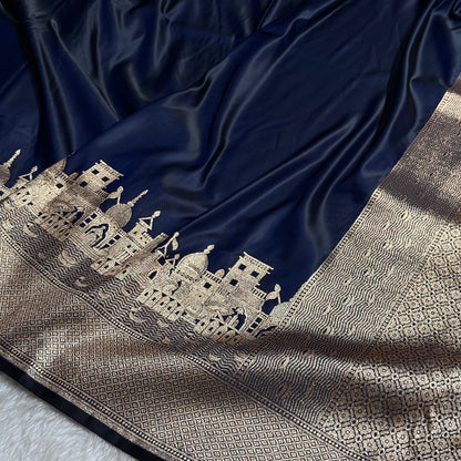 Navy Blue Banarasi Ghat Pattern Satin Katan Silk saree SK33
