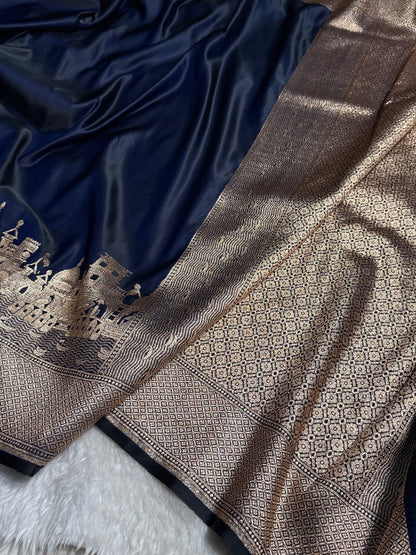 Navy Blue Banarasi Ghat Pattern Satin Katan Silk saree SK33