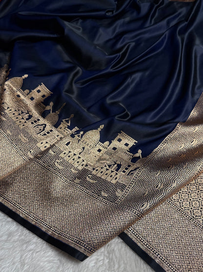 Navy Blue Banarasi Ghat Pattern Satin Katan Silk saree SK33