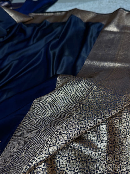 Navy Blue Banarasi Ghat Pattern Satin Katan Silk saree SK33