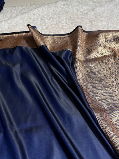 Navy Blue Banarasi Ghat Pattern Satin Katan Silk saree SK33