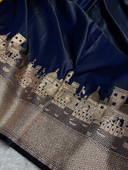 Navy Blue Banarasi Ghat Pattern Satin Katan Silk saree SK33