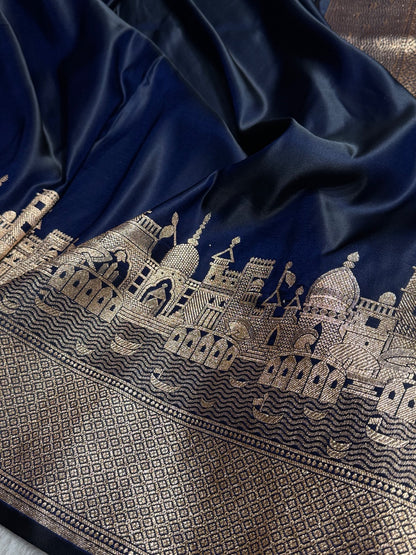 Navy Blue Banarasi Ghat Pattern Satin Katan Silk saree SK33