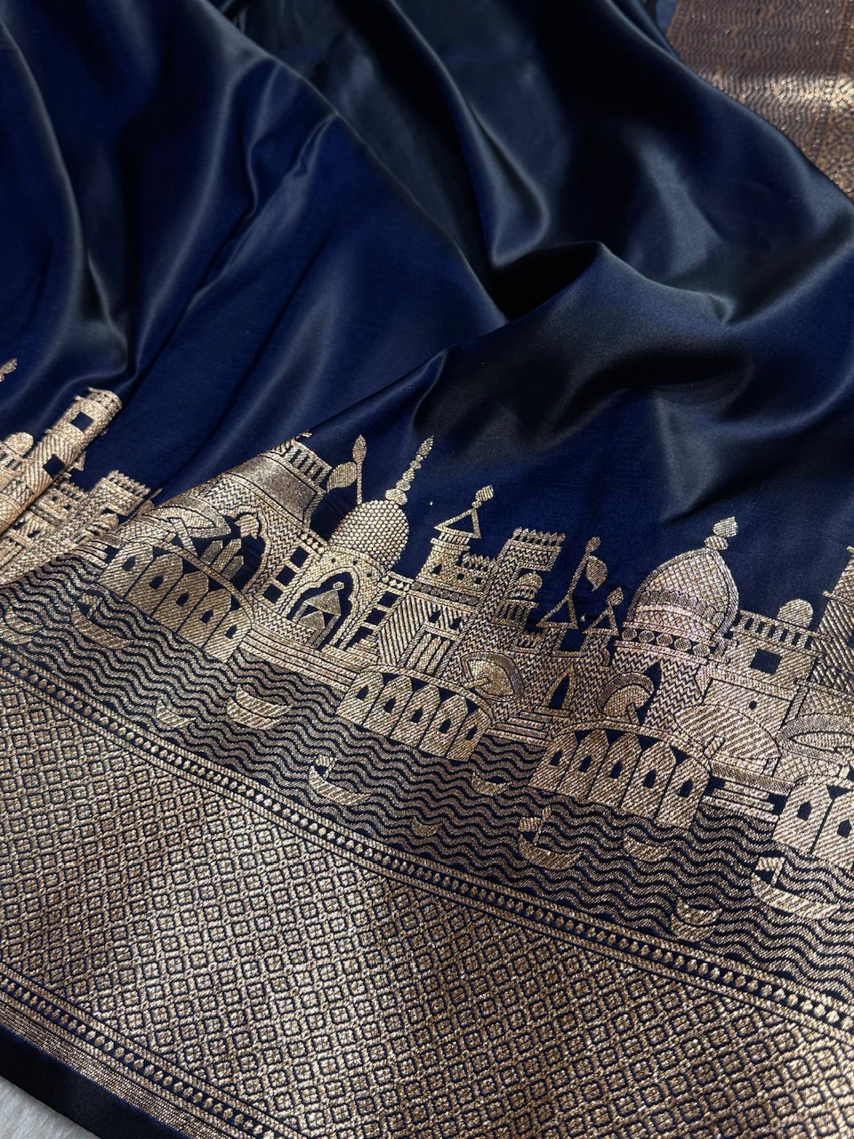 Navy Blue Banarasi Ghat Pattern Satin Katan Silk saree SK33
