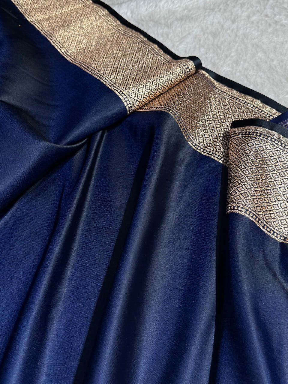 Navy Blue Banarasi Ghat Pattern Satin Katan Silk saree SK33
