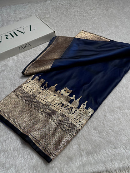Navy Blue Banarasi Ghat Pattern Satin Katan Silk saree SK33