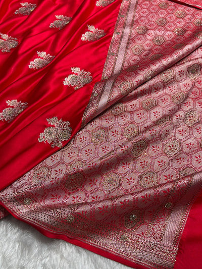Bridal Red Mashru Silk Saree  Banarasi  Swarovski Work BMCS50