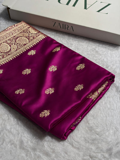 Banarasi  Wine Floral Boota Pattern Satin Katan Silk Saree SK71