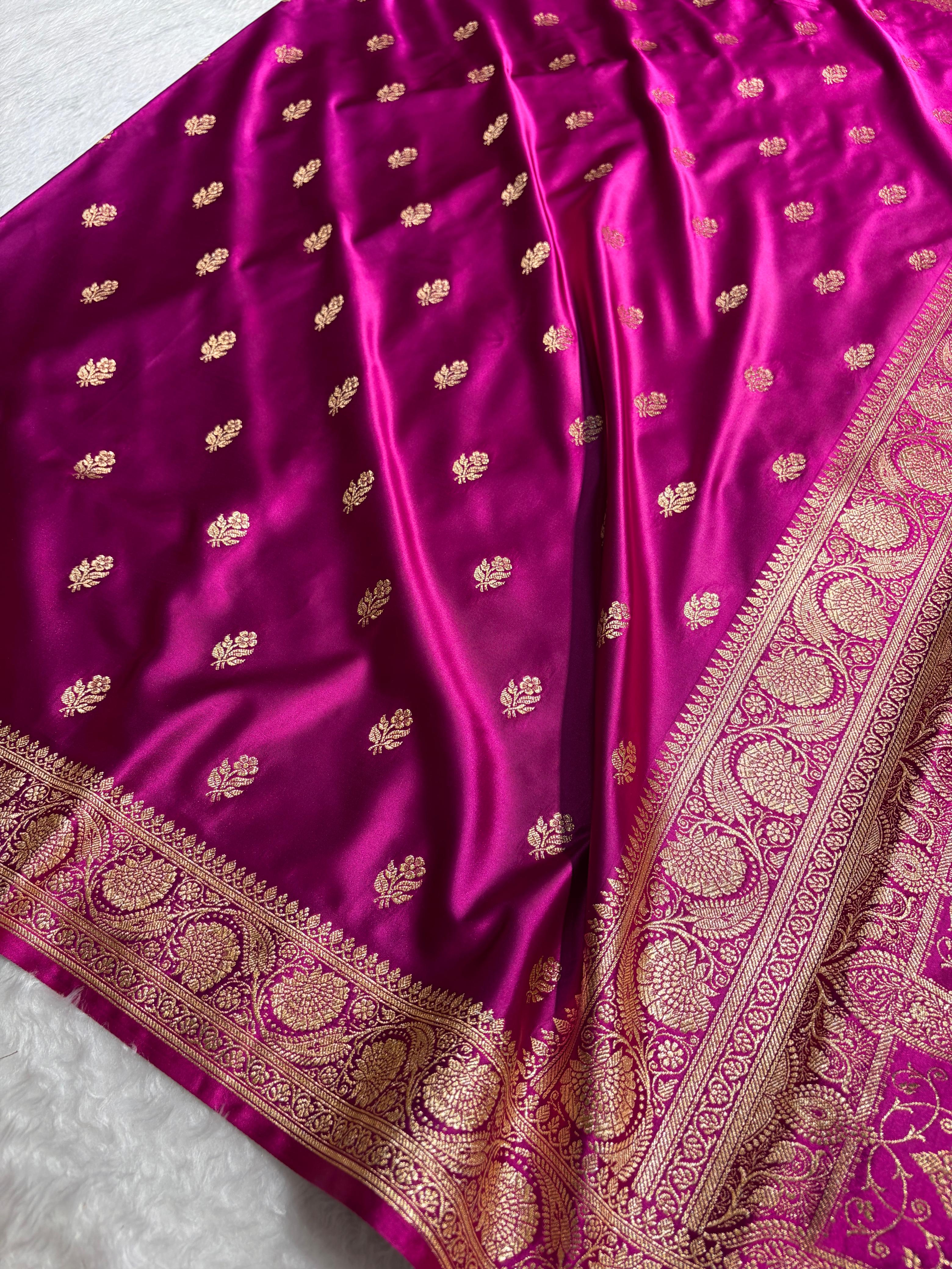 Banarasi  Wine Floral Boota Pattern Satin Katan Silk Saree SK71