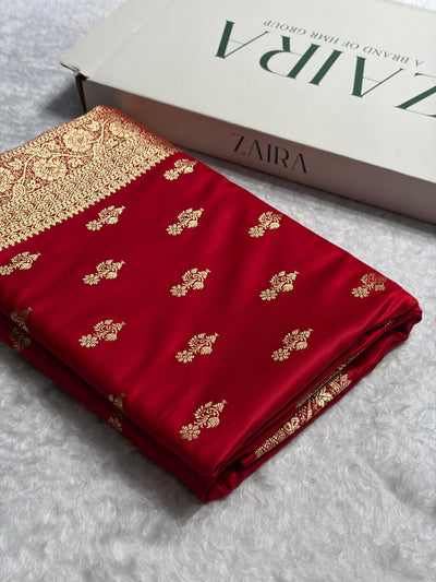 Red Unique Boota Pattern Satin Katan Silk Saree SK68