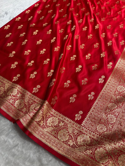 Red Unique Boota Pattern Satin Katan Silk Saree SK68