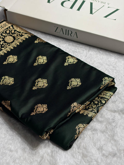 Banarasi Satin Katan Saree With Boota in Dark Bottle Green Shades SK98