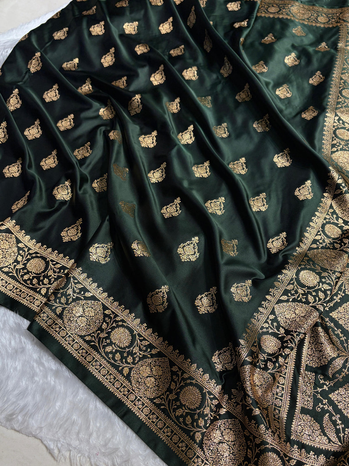 Banarasi Satin Katan Saree With Boota in Dark Bottle Green Shades SK98