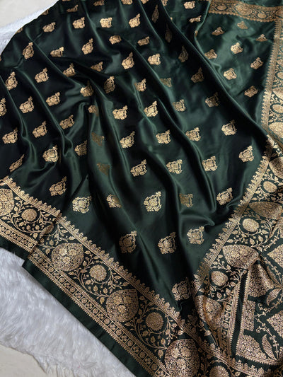 Banarasi Satin Katan Saree With Boota in Dark Bottle Green Shades SK98