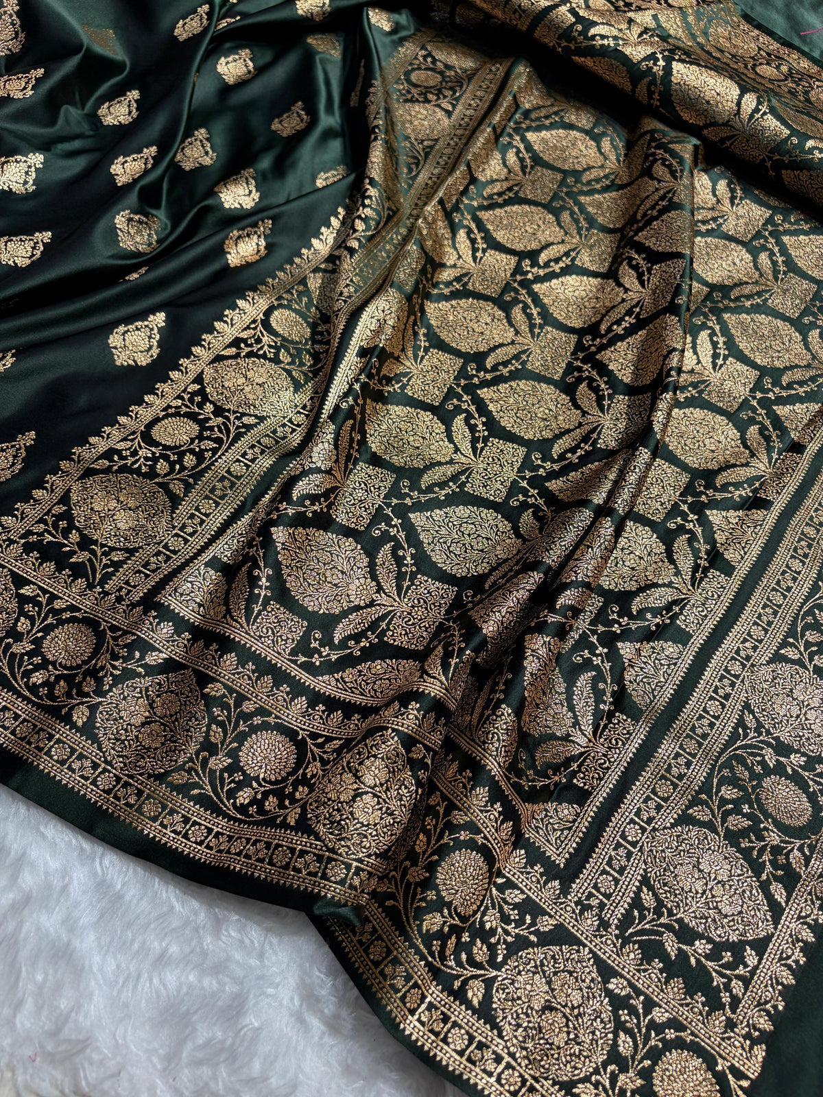 Banarasi Satin Katan Saree With Boota in Dark Bottle Green Shades SK98