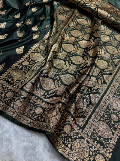 Banarasi Satin Katan Saree With Boota in Dark Bottle Green Shades SK98