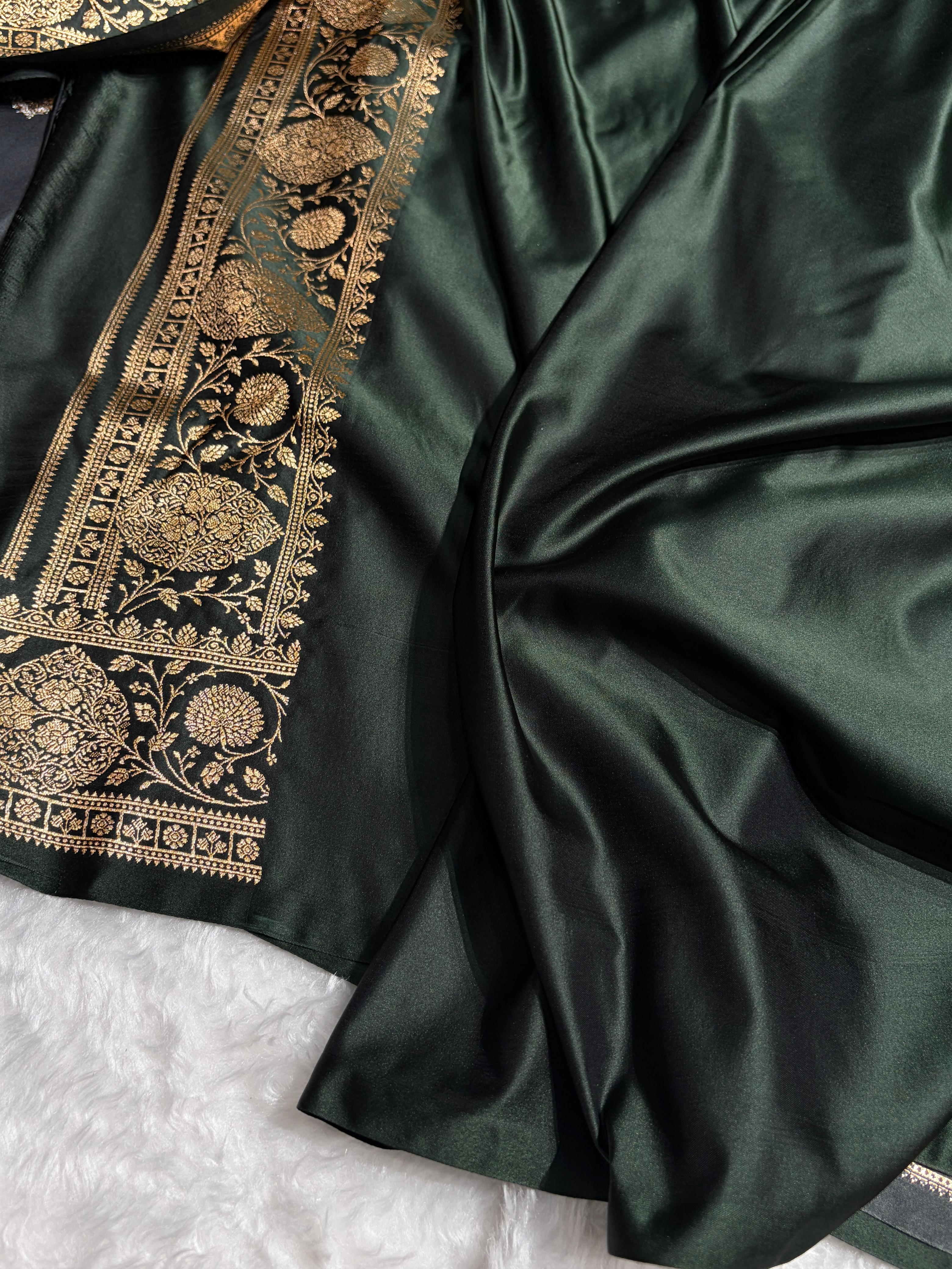 Banarasi Satin Katan Saree With Boota in Dark Bottle Green Shades SK98