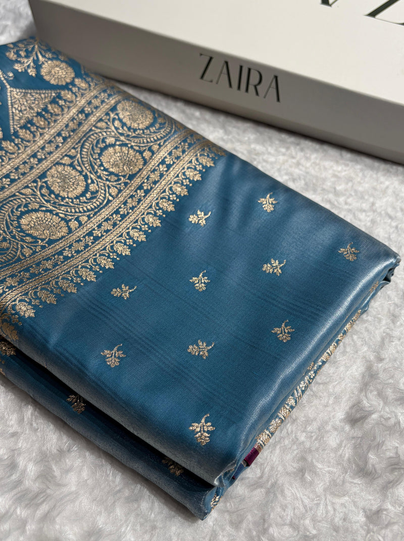 Banarasi Sky  Blue Shades Cross Pattern Banarasi Satin Silk Saree SS52