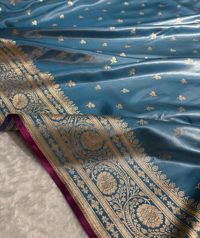 Banarasi Sky  Blue Shades Cross Pattern Banarasi Satin Silk Saree SS52