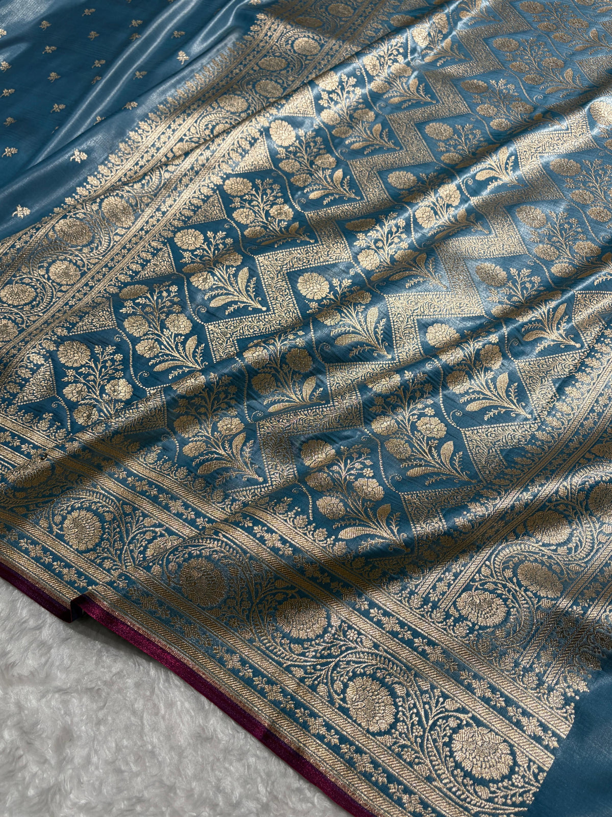 Banarasi Sky  Blue Shades Cross Pattern Banarasi Satin Silk Saree SS52