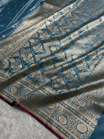 Banarasi Sky  Blue Shades Cross Pattern Banarasi Satin Silk Saree SS52