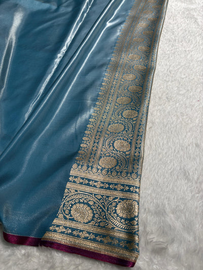 Banarasi Sky  Blue Shades Cross Pattern Banarasi Satin Silk Saree SS52