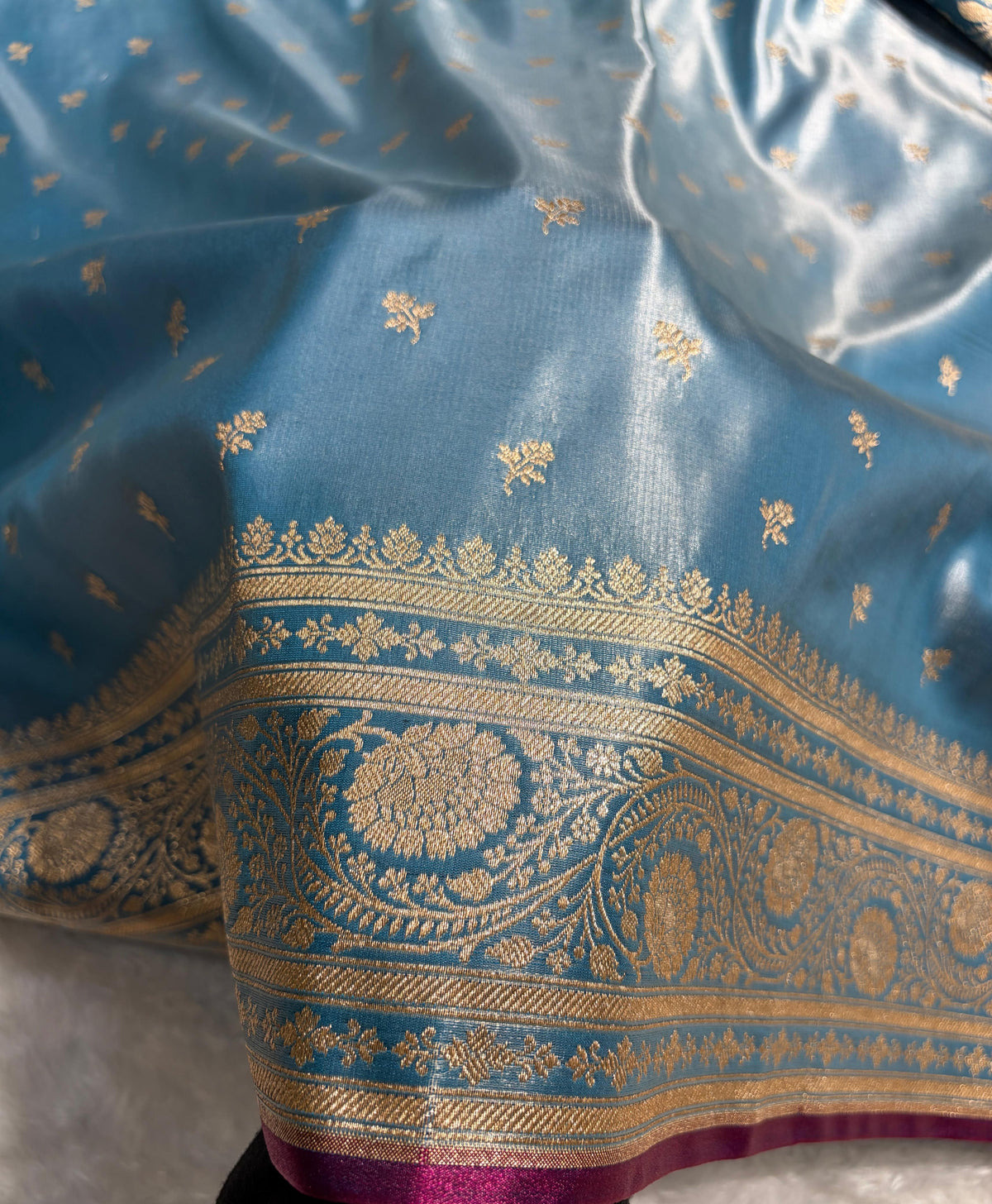 Banarasi Sky  Blue Shades Cross Pattern Banarasi Satin Silk Saree SS52
