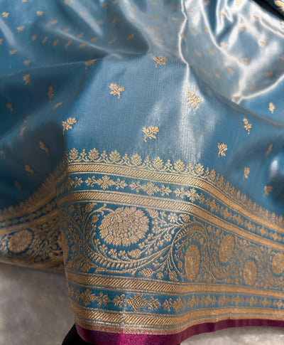 Banarasi Sky  Blue Shades Cross Pattern Banarasi Satin Silk Saree SS52