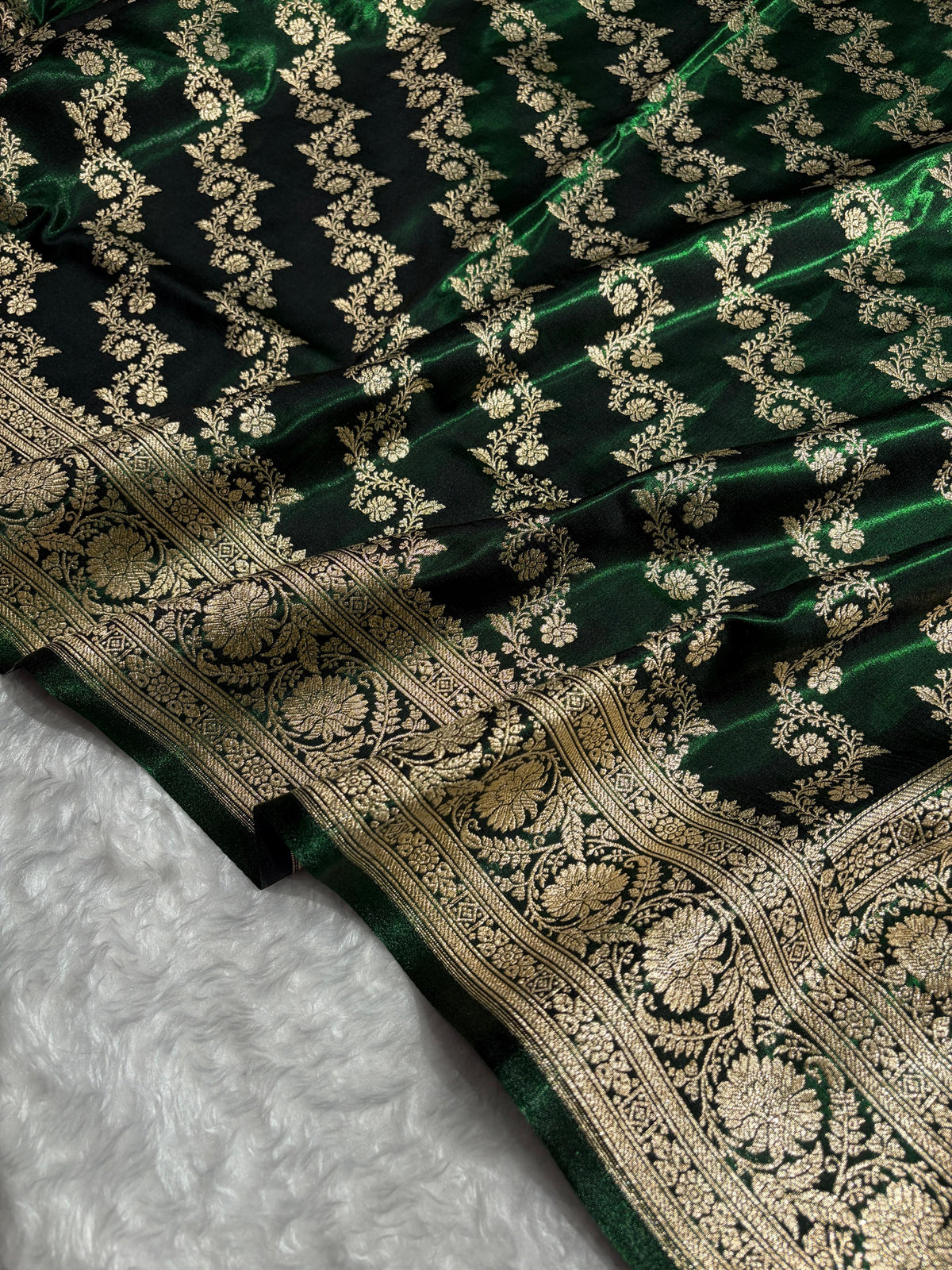 Bottle Green Shades Banarasi Satin Silk Saree SS32