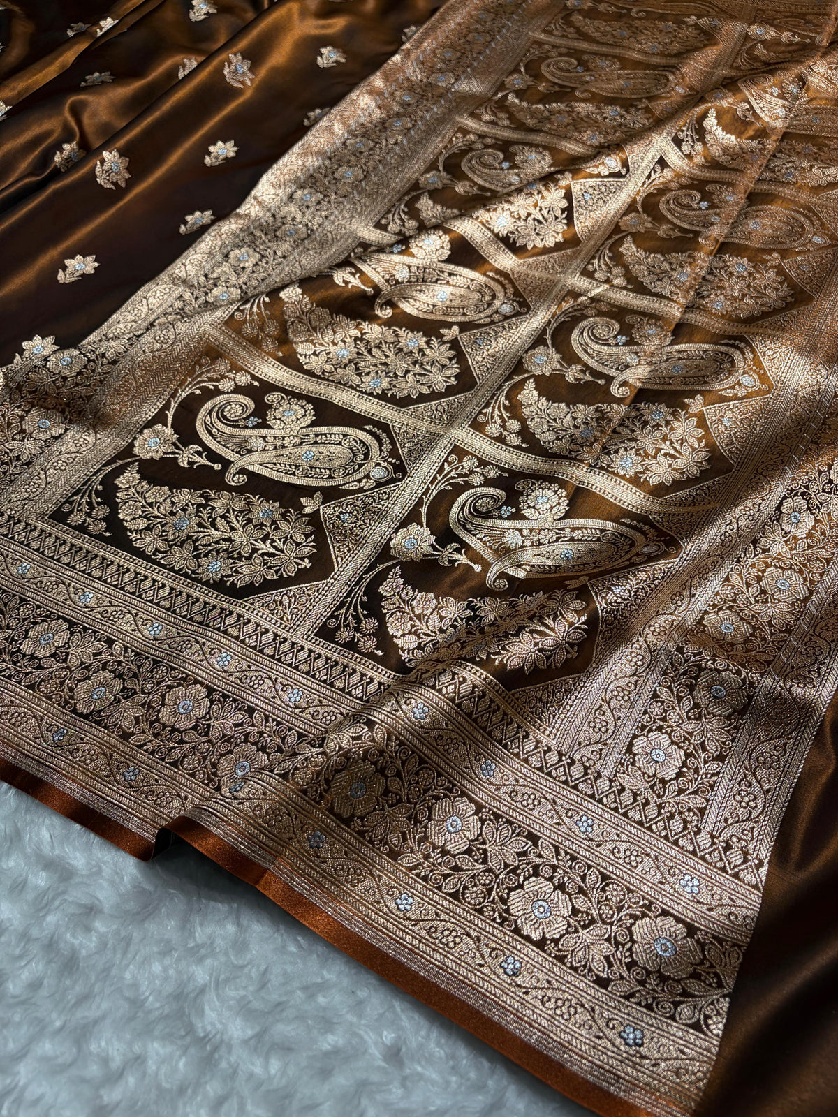Rust Brown Shades Minakari Boota Pattern Banarasi Satin Silk Saree SS44