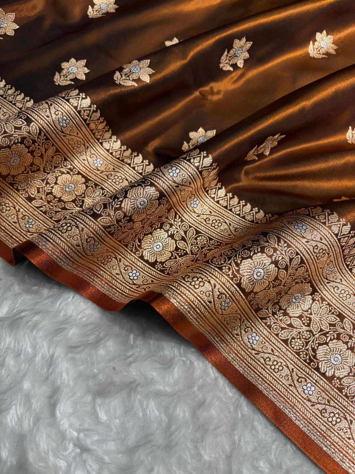 Rust Brown Shades Minakari Boota Pattern Banarasi Satin Silk Saree SS44