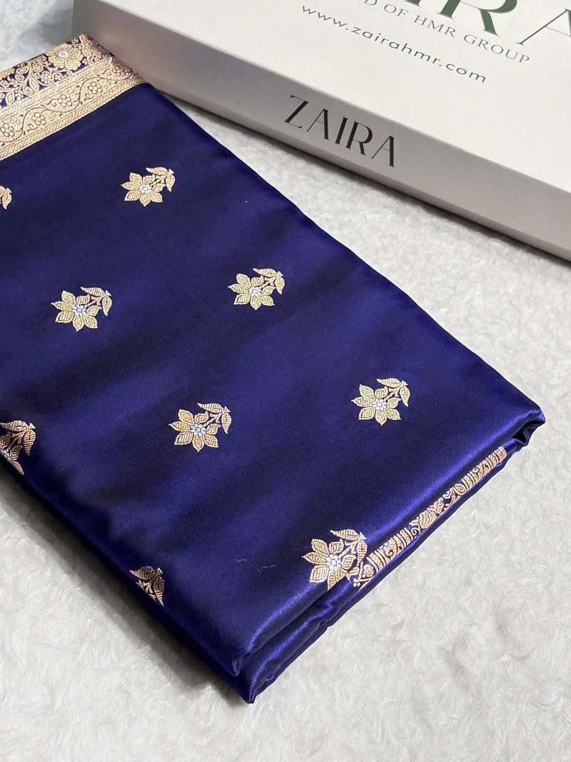 Royal Blue  Shades Minakari Boota Pattern Banarasi Satin Silk Saree SS44