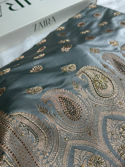Banarasi Satin Katan Saree With Aari Zardozi Work Boota in Gray Shades BSK12