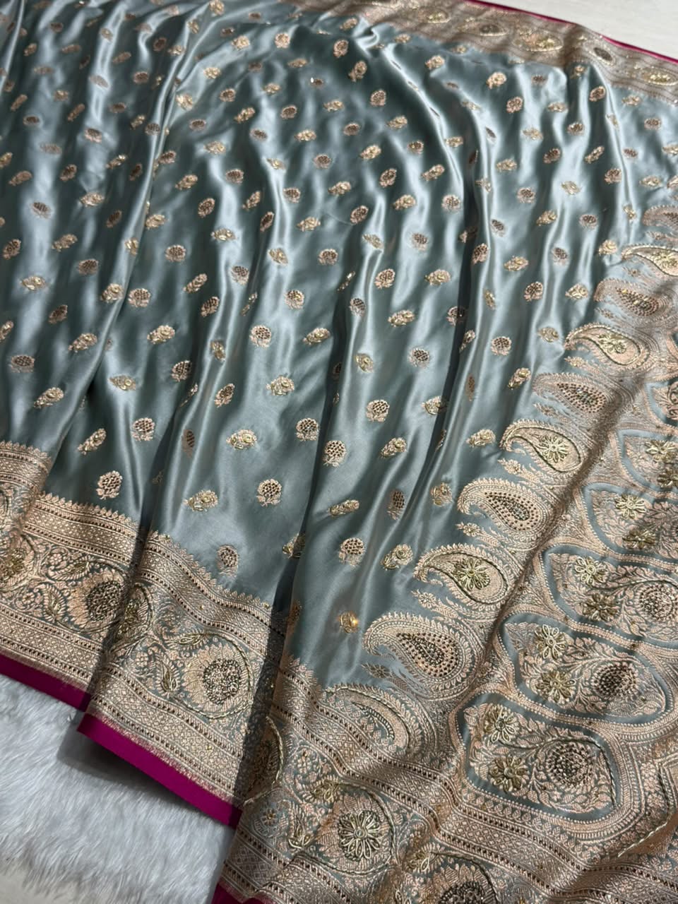 Banarasi Satin Katan Saree With Aari Zardozi Work Boota in Gray Shades BSK12