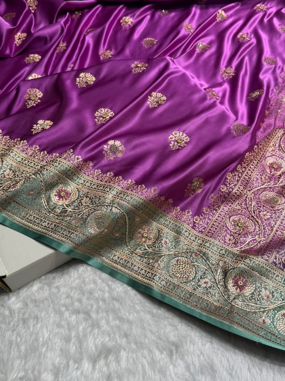 Dark Lavender - Sea Green  Banarasi Boota With Zardozi & Swarovski Work Katan Silk Saree BSKM29