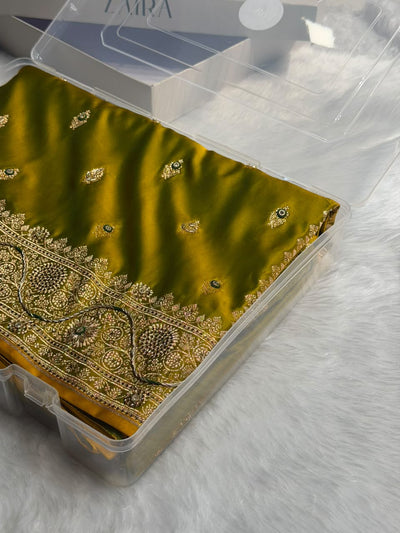Banarasi  Mehandi Gold Satin Katan Silk Saree with Zardozy work BSK82