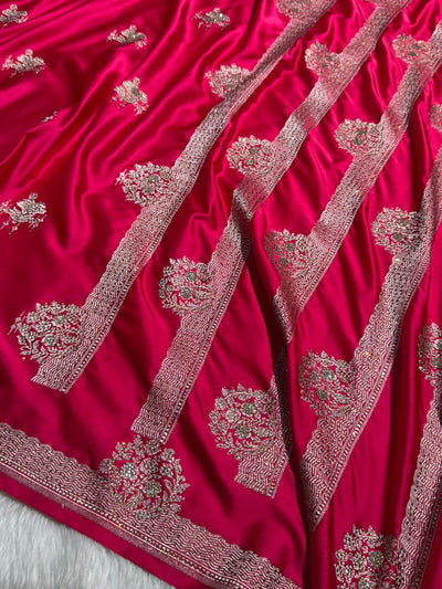 Rani Shades Plain Banarasi With Swarovski Work Floral Border Mashru Silk Saree BMCS87