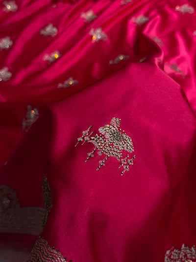 Rani Shades Plain Banarasi With Swarovski Work Floral Border Mashru Silk Saree BMCS87