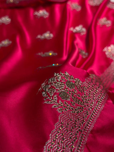 Rani Shades Plain Banarasi With Swarovski Work Floral Border Mashru Silk Saree BMCS87