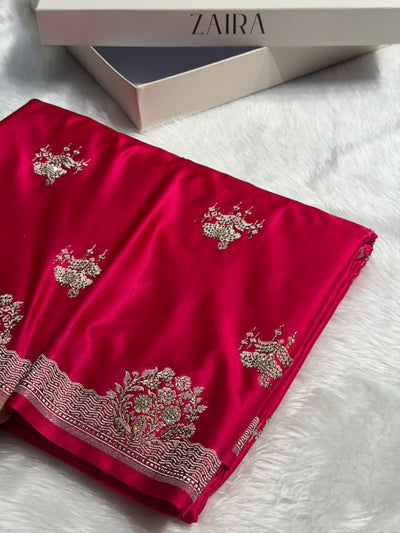 Rani Shades Plain Banarasi With Swarovski Work Floral Border Mashru Silk Saree BMCS87