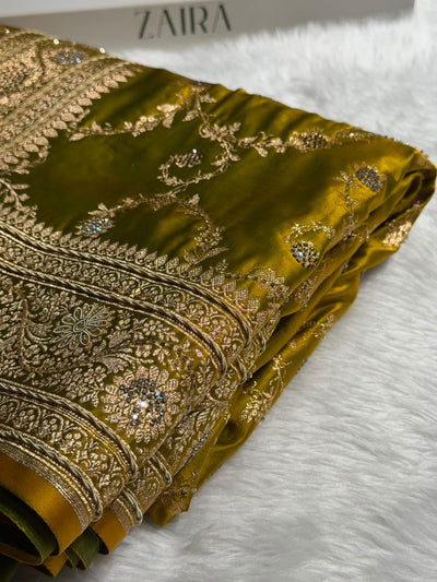 Mahendi  Banarasi Boota With Zardozi & Swarovski Work Katan Silk Saree BSKM40