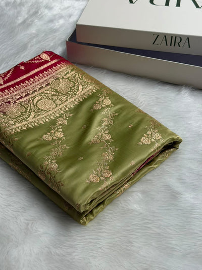 Mehendi \ Rani Contrast Satin Katan Saree Floral Cross Pattern SK156