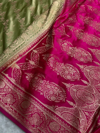 Mehendi \ Rani Contrast Satin Katan Saree Floral Cross Pattern SK156