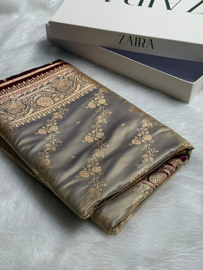 Grey  \ Maroon Contrast Satin Katan Saree Floral Cross Pattern SK156