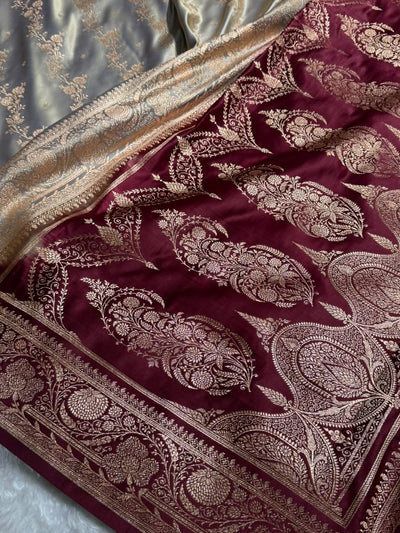Grey  \ Maroon Contrast Satin Katan Saree Floral Cross Pattern SK156