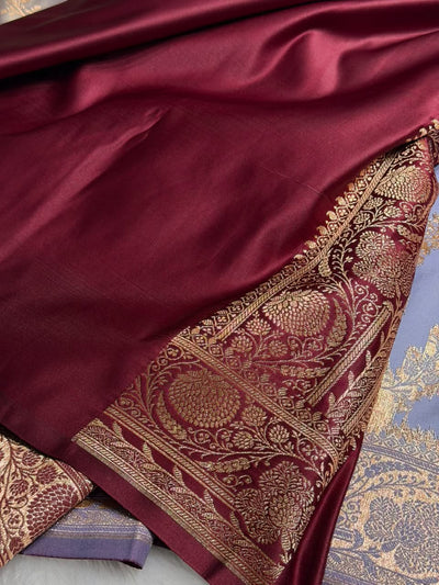 Grey  \ Maroon Contrast Satin Katan Saree Floral Cross Pattern SK156