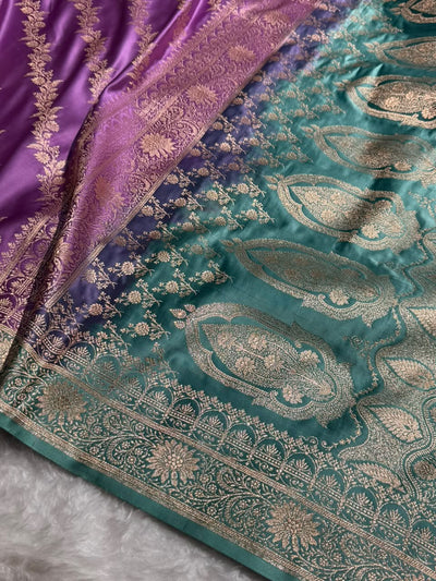 Royal Purple / Teal green Contrast Satin Katan Saree Floral Cross Pattern SK155