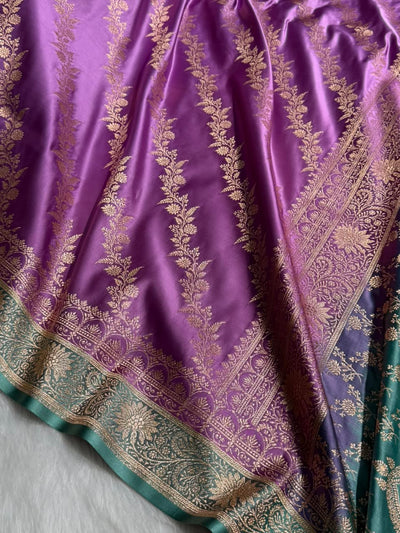 Royal Purple / Teal green Contrast Satin Katan Saree Floral Cross Pattern SK155